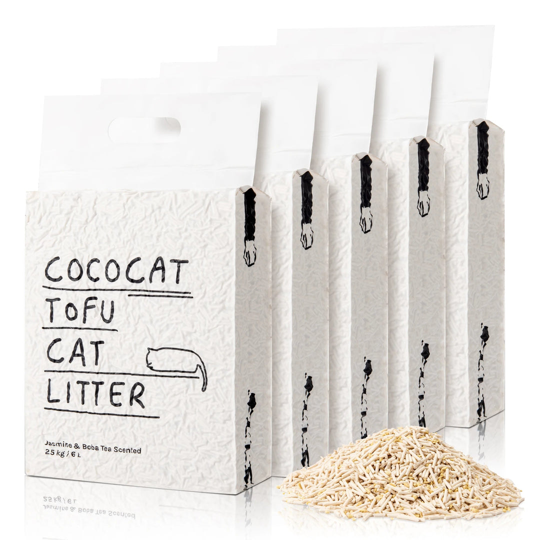 "Soft beige tofu cat litter, eco-friendly, plant-based, flushable, ideal for sensitive paws; enhances home decor."