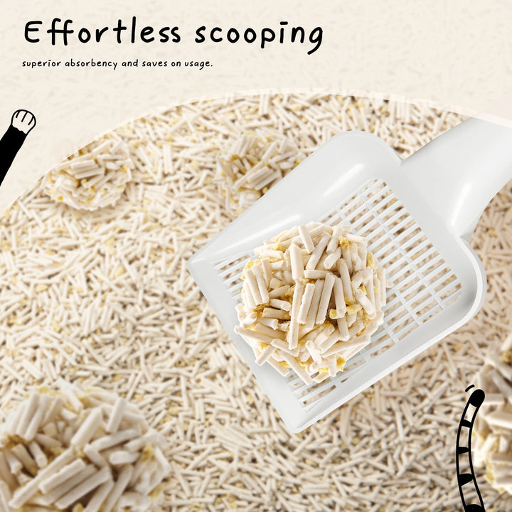 "Soft beige tofu cat litter, eco-friendly, plant-based, flushable, ideal for sensitive paws; enhances home decor."
