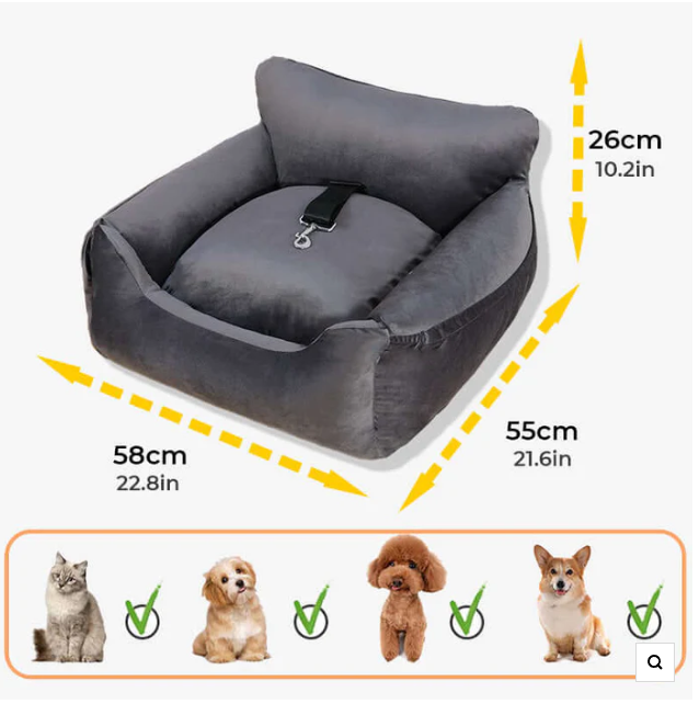"Soft, padded pet car seat cover for dogs and cats. Features adjustable straps, fits most vehicles for safe, comfy travel."