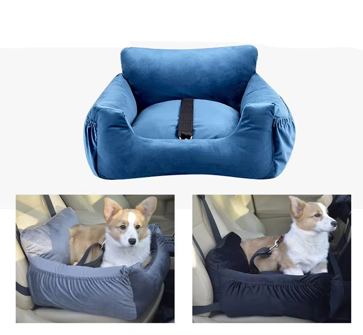 "Soft, padded pet car seat cover for dogs and cats. Features adjustable straps, fits most vehicles for safe, comfy travel."