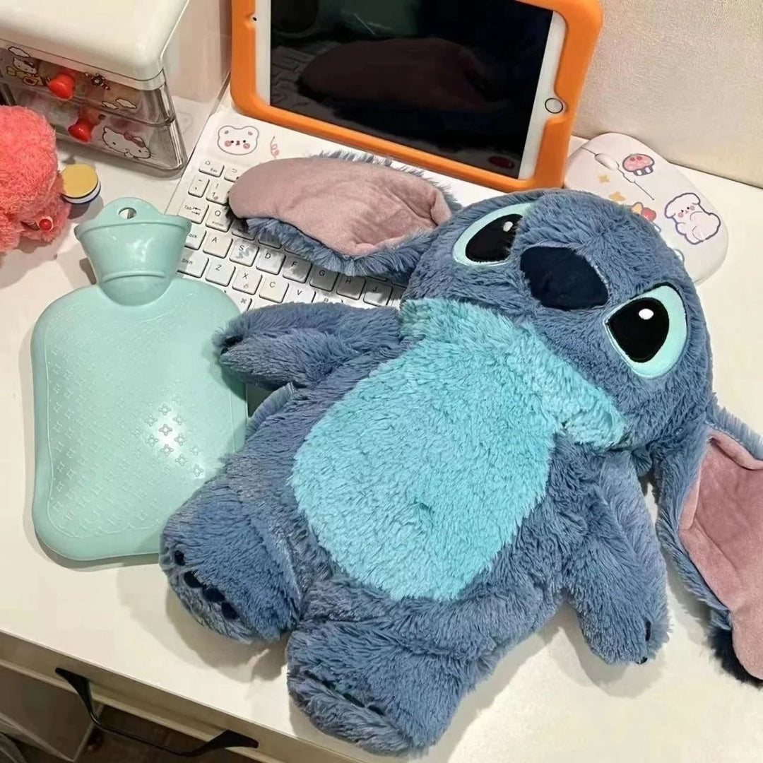 "Soft plush Stitch hot water bottle for cozy winter warmth, perfect cuddly companion with cute design and 500 ml capacity."
