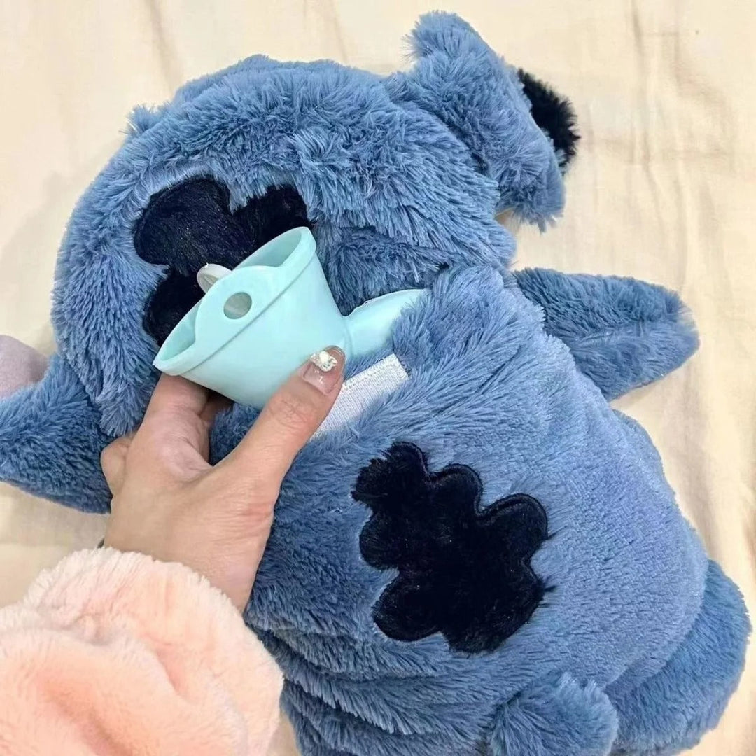 "Soft plush Stitch hot water bottle for cozy winter warmth, perfect cuddly companion with cute design and 500 ml capacity."