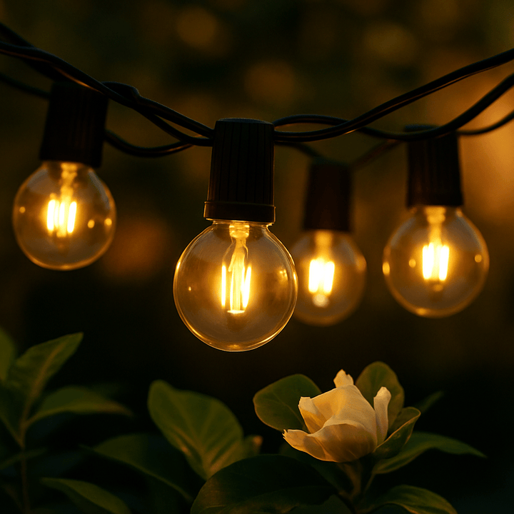 Solar LED string lights with dimmable G40 bulbs; perfect for outdoor, patio decor, offering warm glow and adjustable modes.