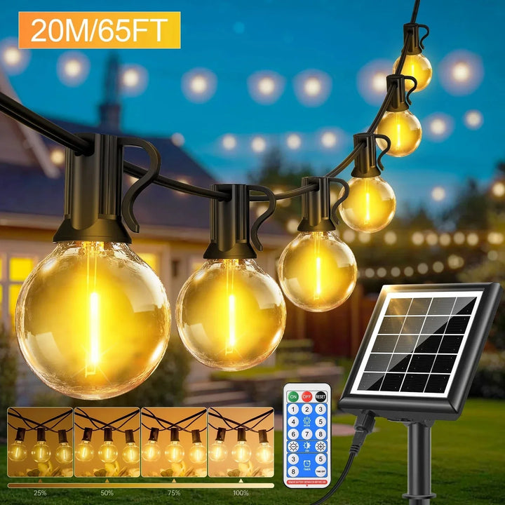 Solar LED string lights with dimmable G40 bulbs; perfect for outdoor, patio decor, offering warm glow and adjustable modes.