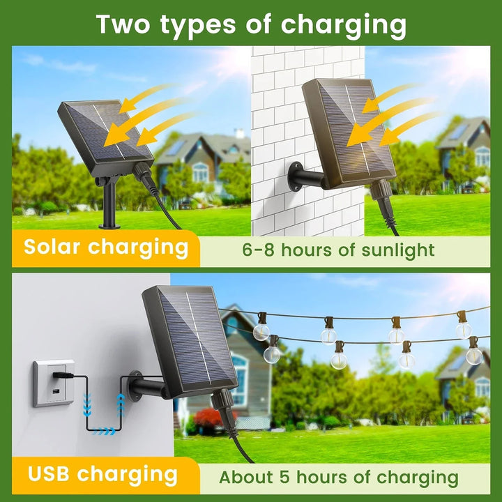 Solar LED string lights with dimmable G40 bulbs; perfect for outdoor, patio decor, offering warm glow and adjustable modes.
