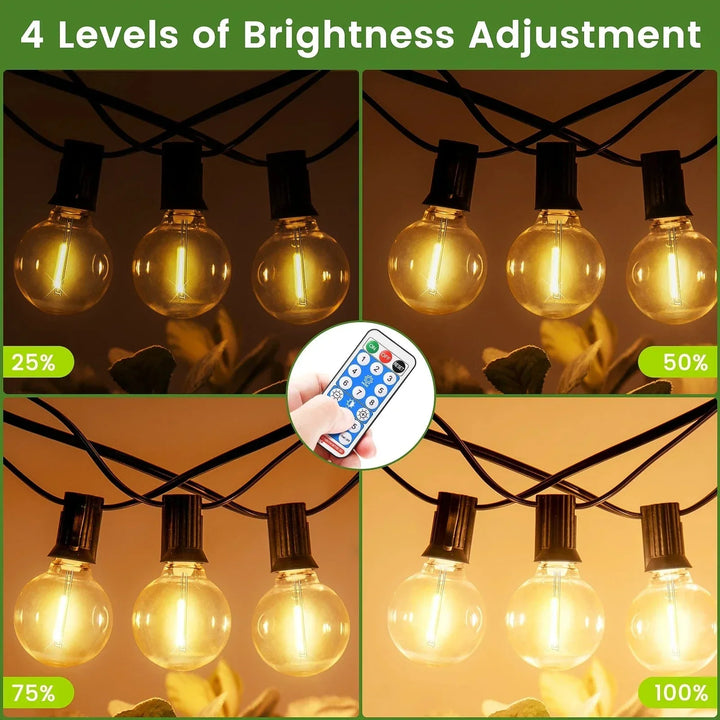 Solar LED string lights with dimmable G40 bulbs; perfect for outdoor, patio decor, offering warm glow and adjustable modes.