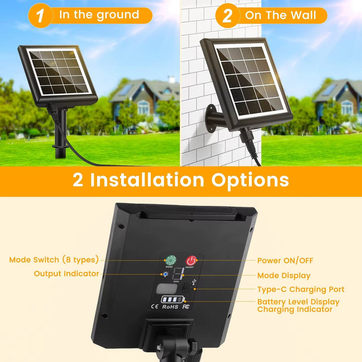 Solar LED string lights with dimmable G40 bulbs; perfect for outdoor, patio decor, offering warm glow and adjustable modes.