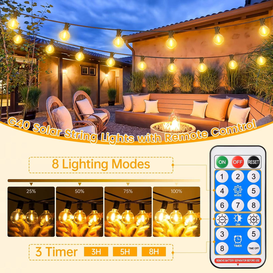 Solar LED string lights with dimmable G40 bulbs; perfect for outdoor, patio decor, offering warm glow and adjustable modes.