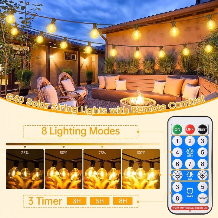 Solar LED string lights with dimmable G40 bulbs; perfect for outdoor, patio decor, offering warm glow and adjustable modes.
