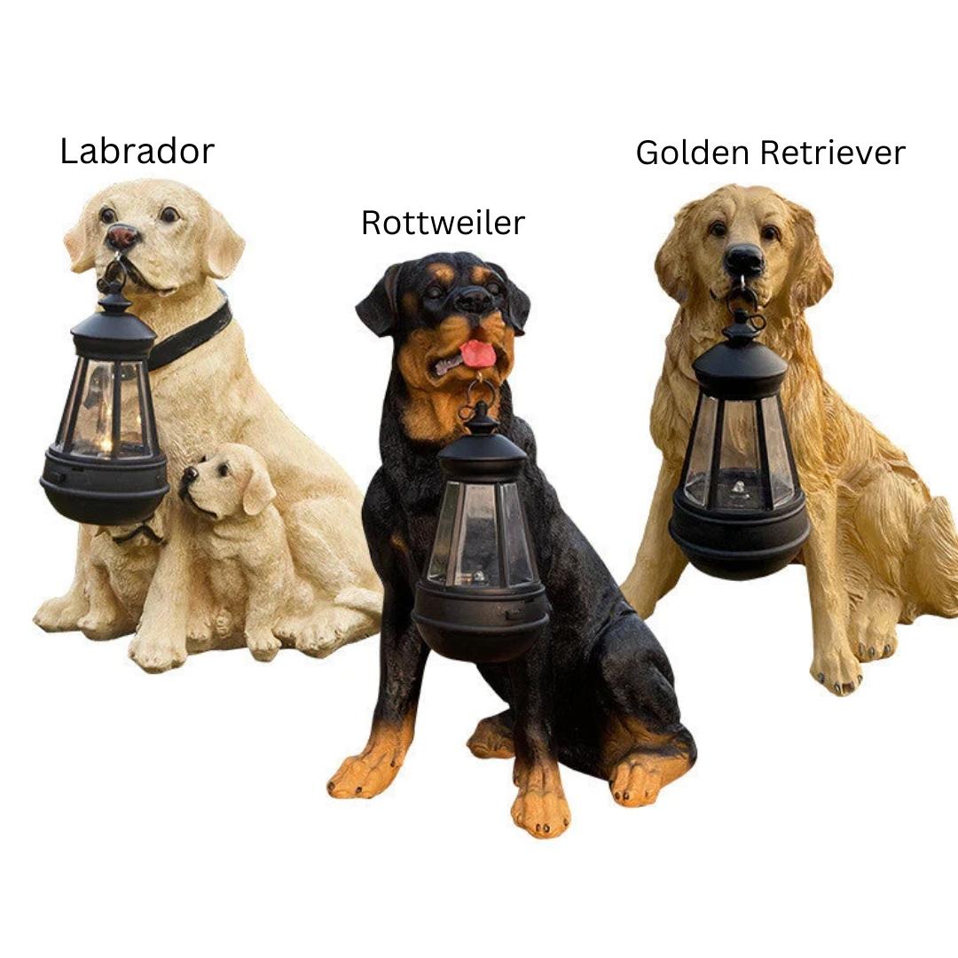 "Solar-powered LED garden dog sculpture with retro striped design, ideal for outdoor decor and nighttime illumination."