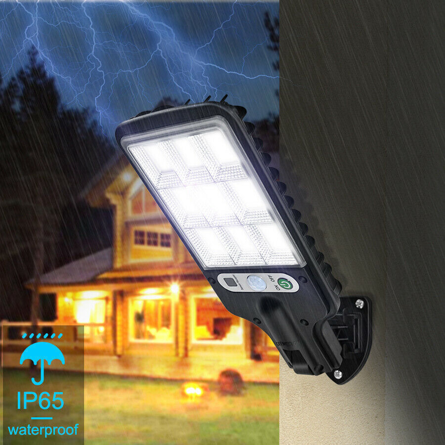 Solar-powered LED street lamp with ultra-bright 6000K LEDs, adjustable modes, motion sensor, and weatherproof IP65 design.