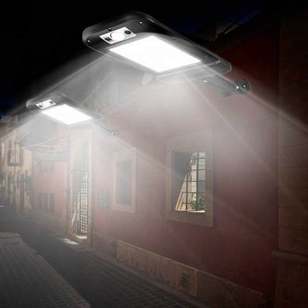 Solar-powered LED street lamp with ultra-bright 6000K LEDs, adjustable modes, motion sensor, and weatherproof IP65 design.