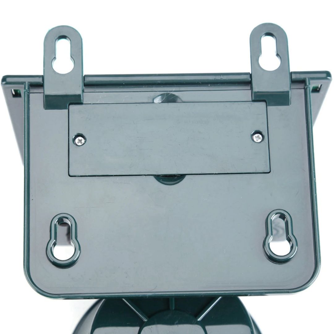 "Solar-powered motion sensor bird repeller, green and gray, for eco-friendly outdoor pest control in gardens and patios."