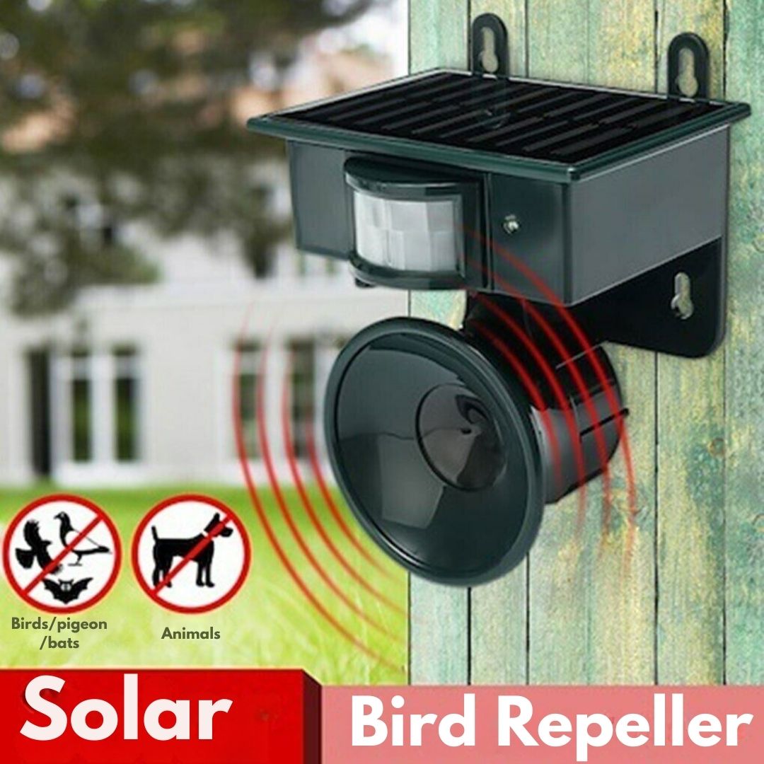 "Solar-powered motion sensor bird repeller, green and gray, for eco-friendly outdoor pest control in gardens and patios."