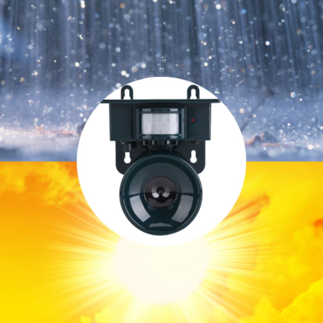 "Solar-powered motion sensor bird repeller, green and gray, for eco-friendly outdoor pest control in gardens and patios."