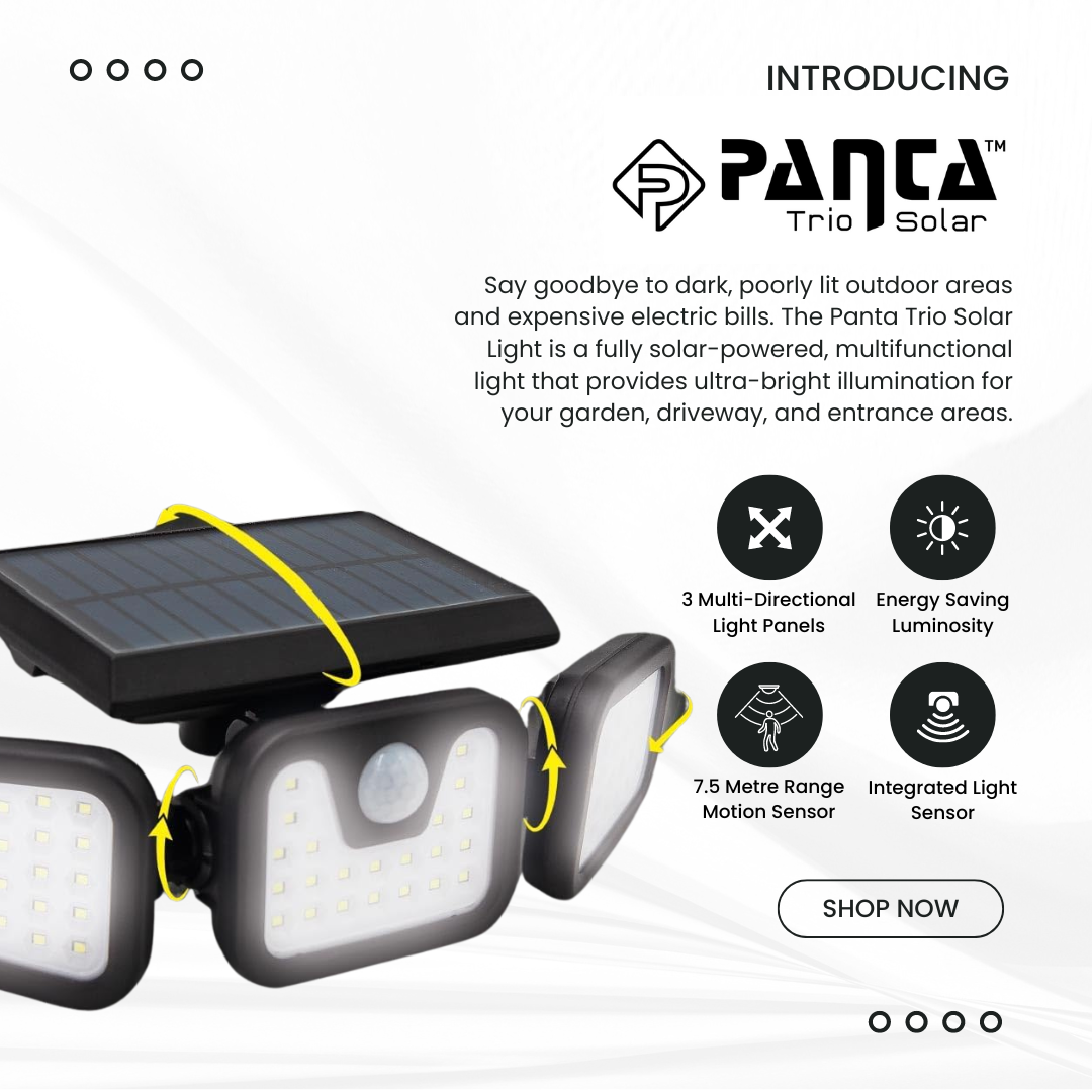 "Solar-powered outdoor light with motion sensor, multiple adjustable panels, eco-friendly for gardens and driveways."