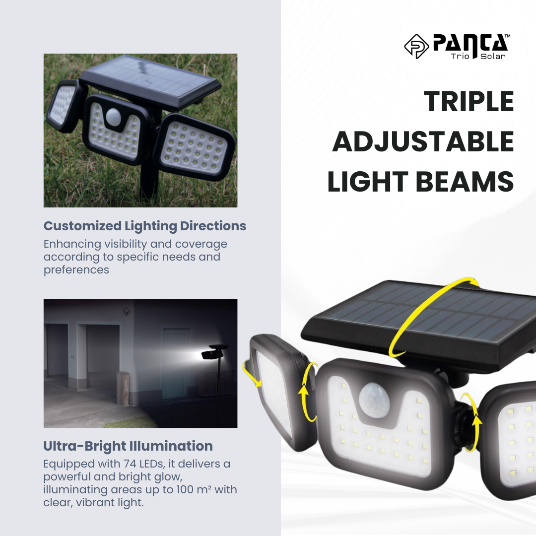 "Solar-powered outdoor light with motion sensor, multiple adjustable panels, eco-friendly for gardens and driveways."
