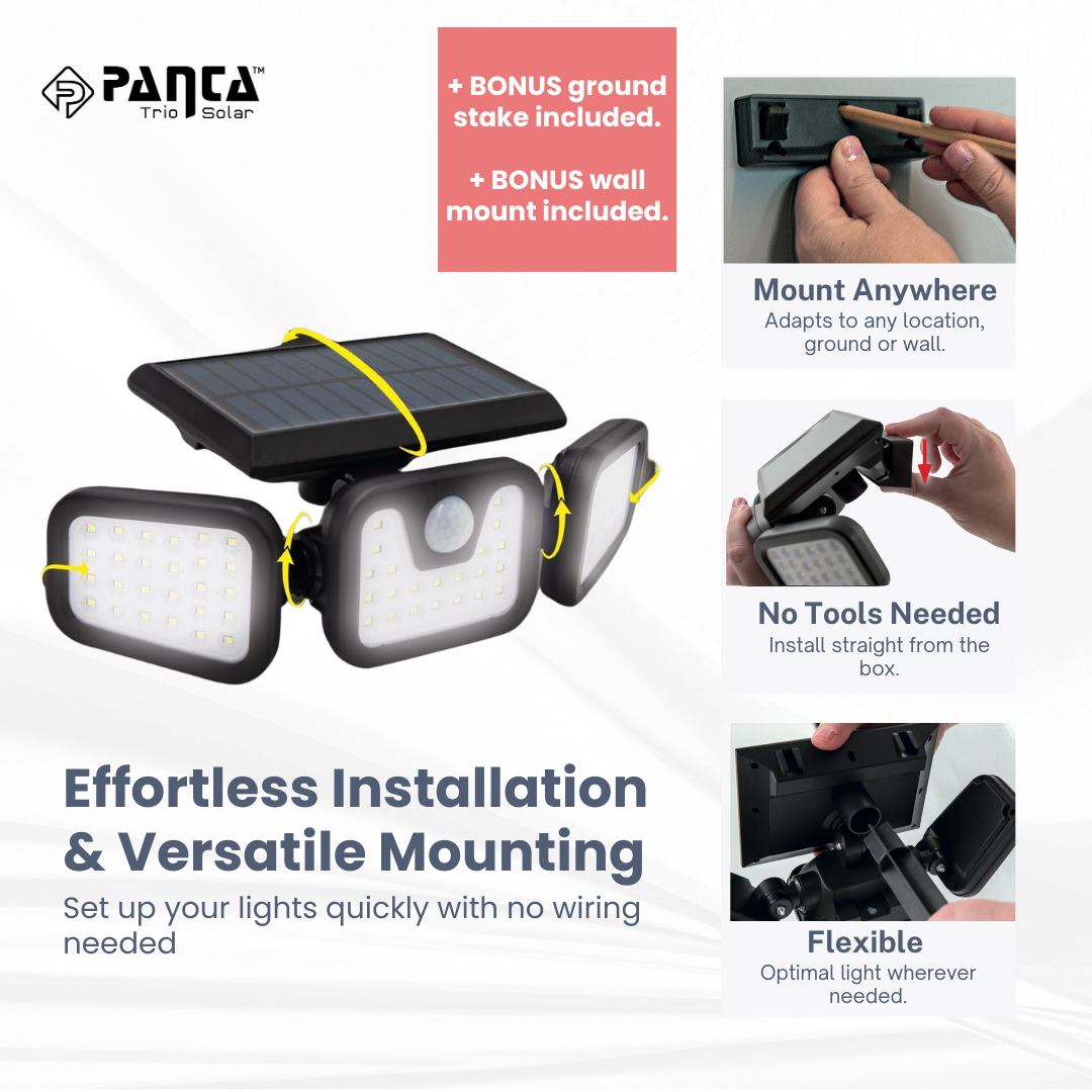 "Solar-powered outdoor light with motion sensor, multiple adjustable panels, eco-friendly for gardens and driveways."