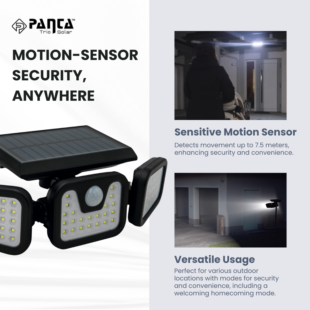 "Solar-powered outdoor light with motion sensor, multiple adjustable panels, eco-friendly for gardens and driveways."