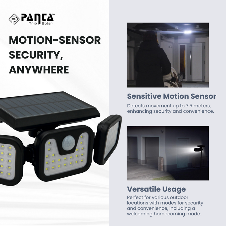 "Solar-powered outdoor light with motion sensor, multiple adjustable panels, eco-friendly for gardens and driveways."
