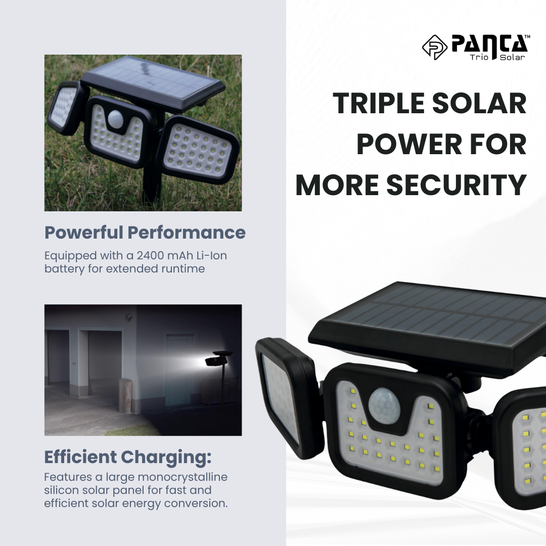 "Solar-powered outdoor light with motion sensor, multiple adjustable panels, eco-friendly for gardens and driveways."