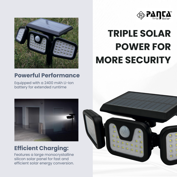 "Solar-powered outdoor light with motion sensor, multiple adjustable panels, eco-friendly for gardens and driveways."