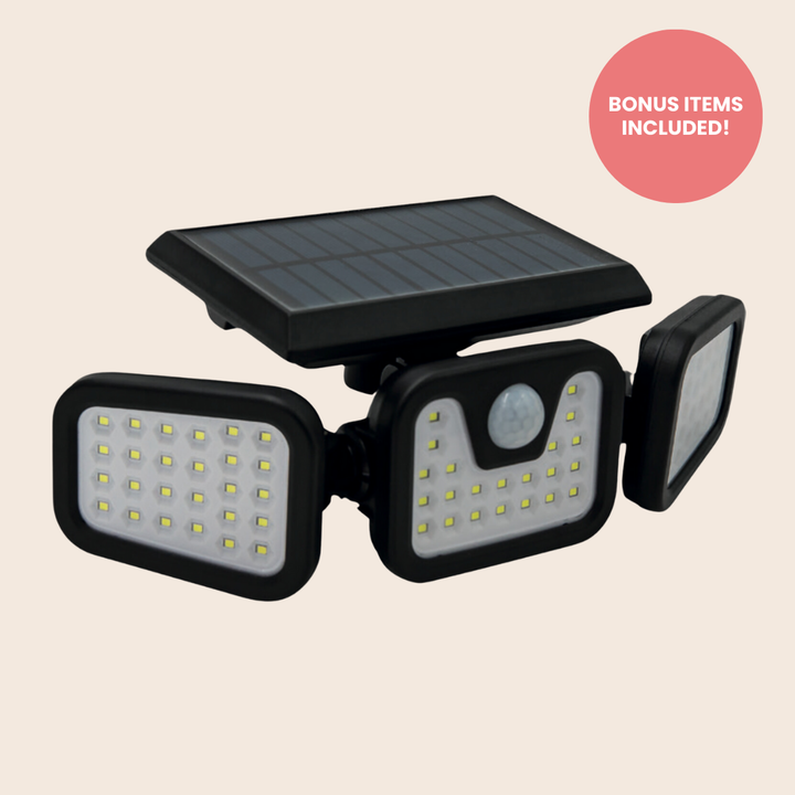 "Solar-powered outdoor light with motion sensor, multiple adjustable panels, eco-friendly for gardens and driveways."