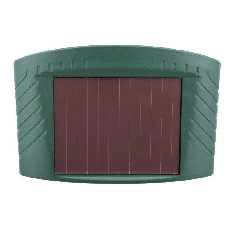 Solar-powered ultrasonic deer repeller with green casing, motion sensor, solar panel, ideal for outdoor garden protection.