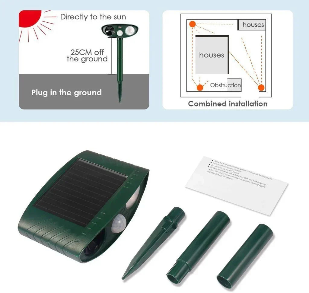 Solar-powered ultrasonic deer repeller with green casing, motion sensor, solar panel, ideal for outdoor garden protection.