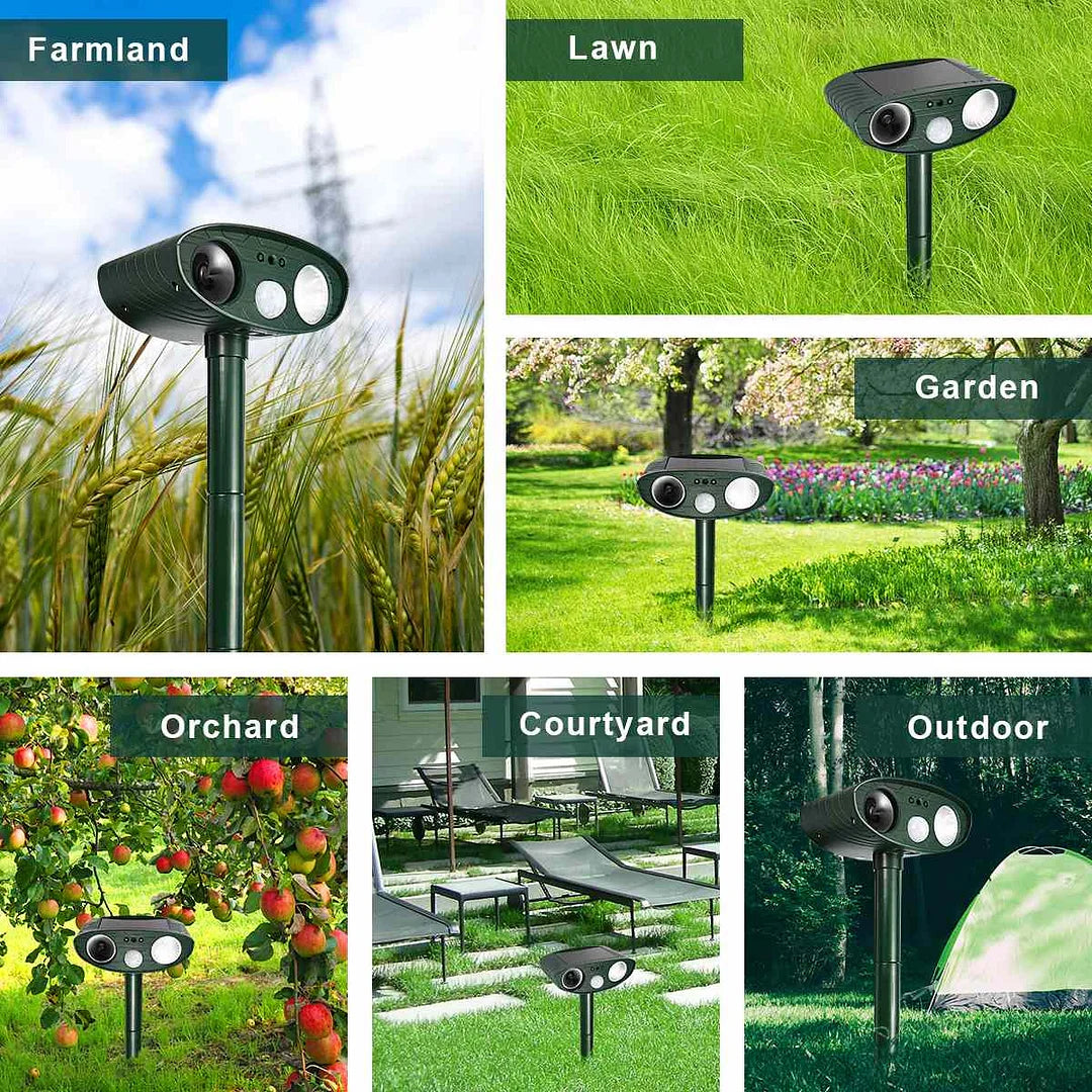 Solar-powered ultrasonic deer repeller with green casing, motion sensor, solar panel, ideal for outdoor garden protection.