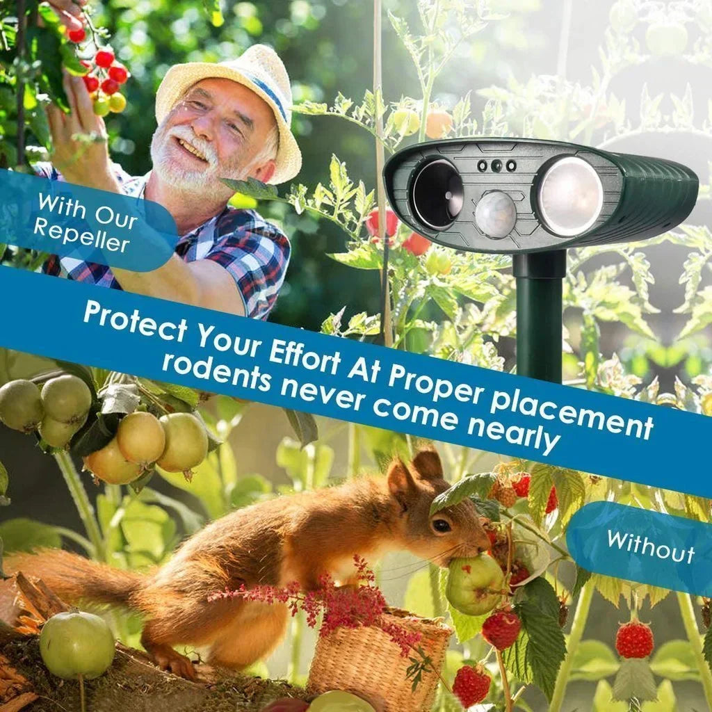 Solar-powered ultrasonic deer repeller with green casing, motion sensor, solar panel, ideal for outdoor garden protection.