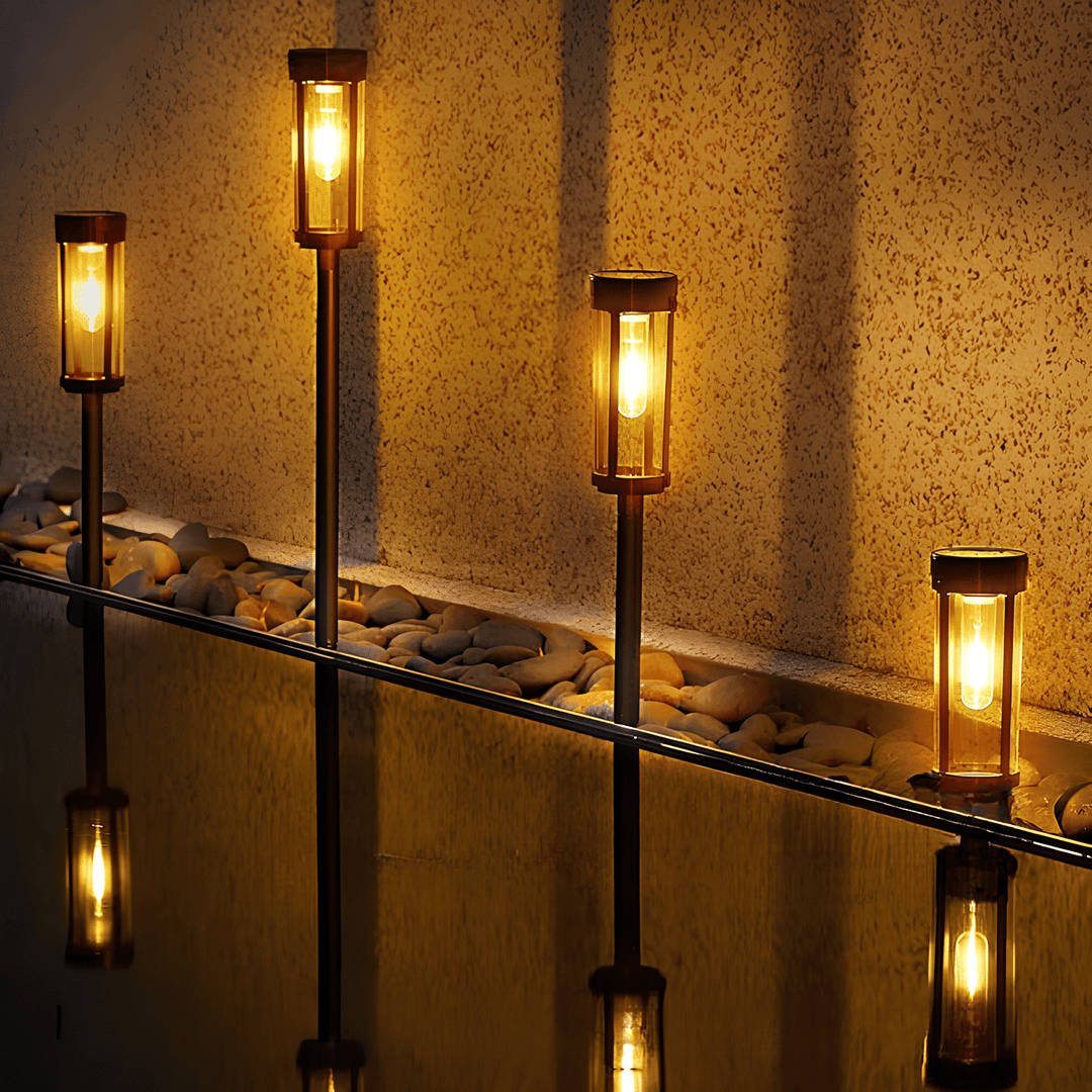 Solar-powered waterproof garden torch with flickering glow, decorative design, illuminating gardens, patios, and pathways.