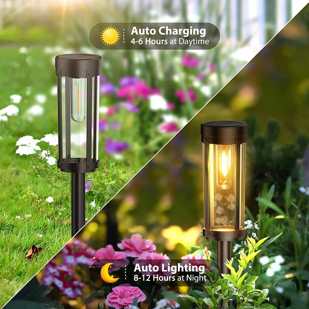 Solar-powered waterproof garden torch with flickering glow, decorative design, illuminating gardens, patios, and pathways.