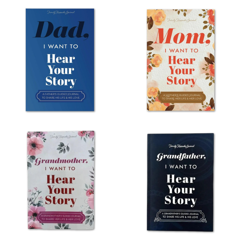 SoulStories Guided Journal, elegant design for family memories, prompts for storytelling, available styles: Dad, Mom, Grandpa