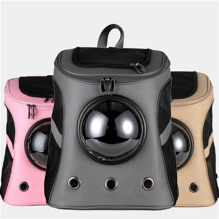 "Spacious cat backpack with bubble window, ventilation holes, and durable design for comfortable pet travel."