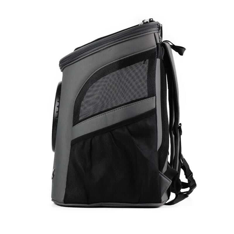 "Spacious cat backpack with bubble window, ventilation holes, and durable design for comfortable pet travel."
