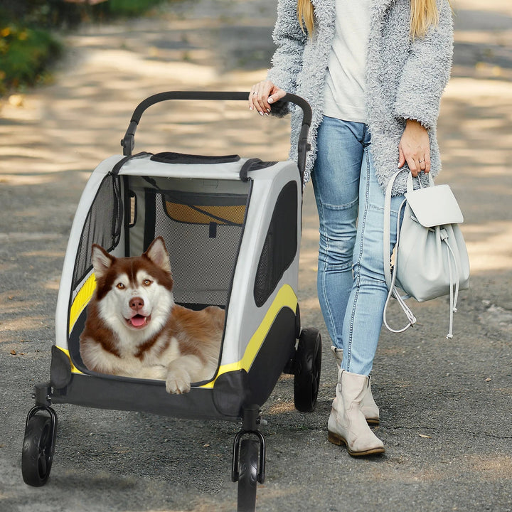 Spacious collapsible 4-wheeler dog stroller for large breeds, featuring breathable mesh and durable all-terrain wheels.