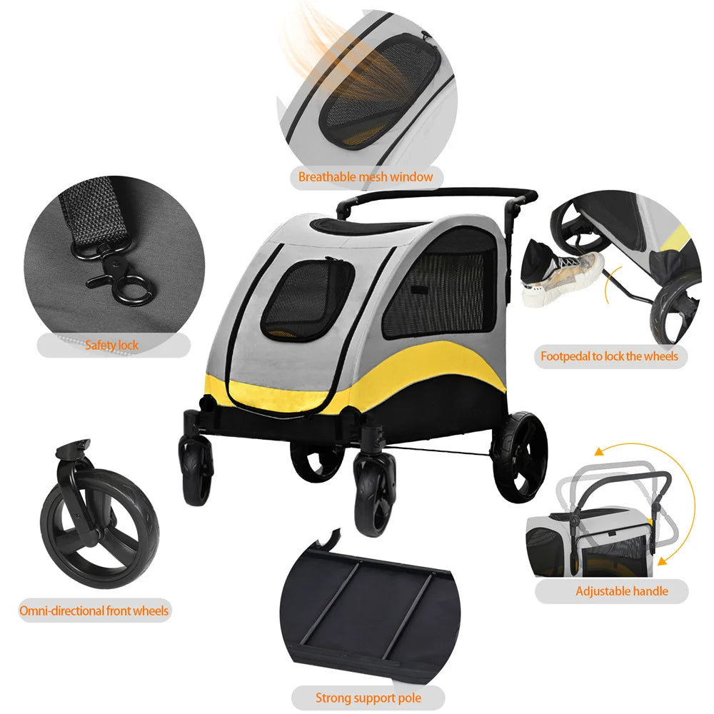 Spacious collapsible 4-wheeler dog stroller for large breeds, featuring breathable mesh and durable all-terrain wheels.