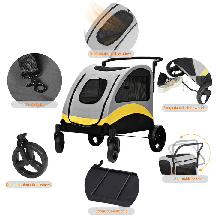 Spacious collapsible 4-wheeler dog stroller for large breeds, featuring breathable mesh and durable all-terrain wheels.