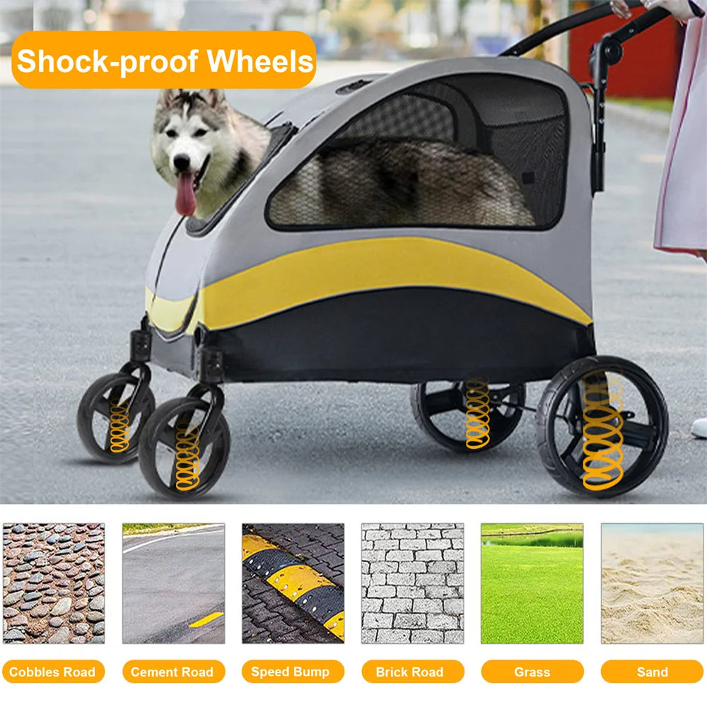 Spacious collapsible 4-wheeler dog stroller for large breeds, featuring breathable mesh and durable all-terrain wheels.