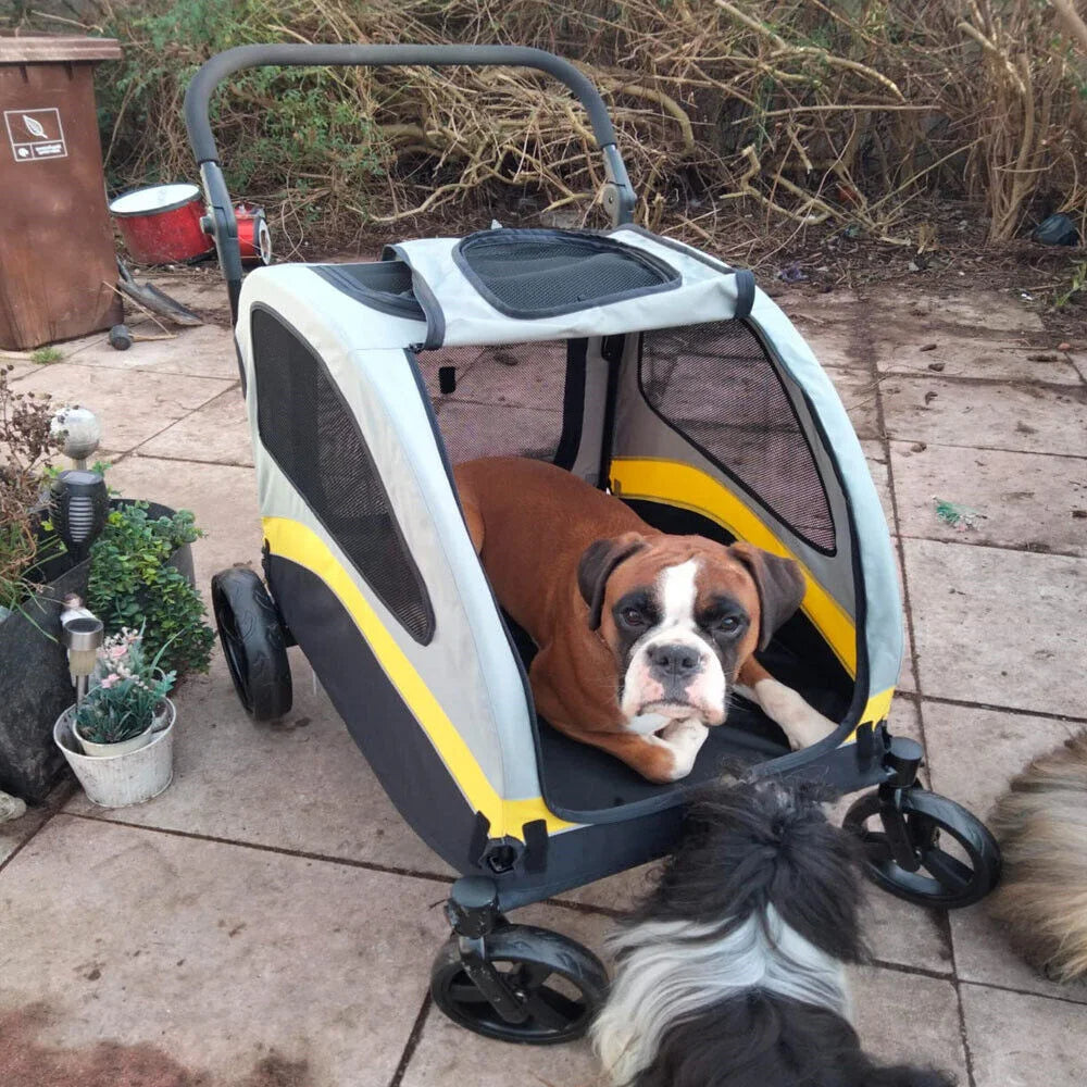 Spacious collapsible 4-wheeler dog stroller for large breeds, featuring breathable mesh and durable all-terrain wheels.