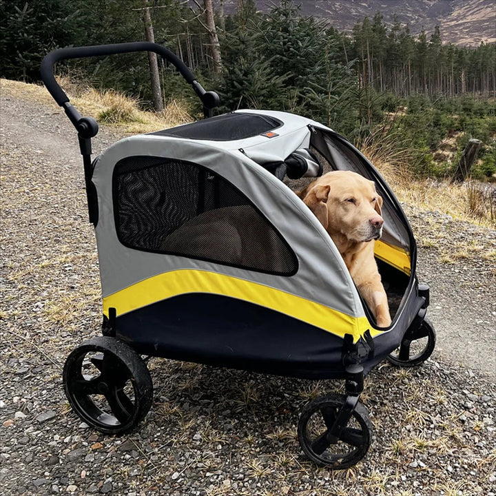 Spacious collapsible 4-wheeler dog stroller for large breeds, featuring breathable mesh and durable all-terrain wheels.