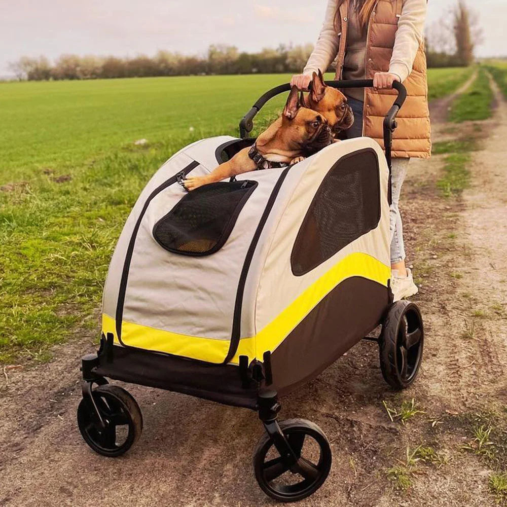 Spacious collapsible 4-wheeler dog stroller for large breeds, featuring breathable mesh and durable all-terrain wheels.