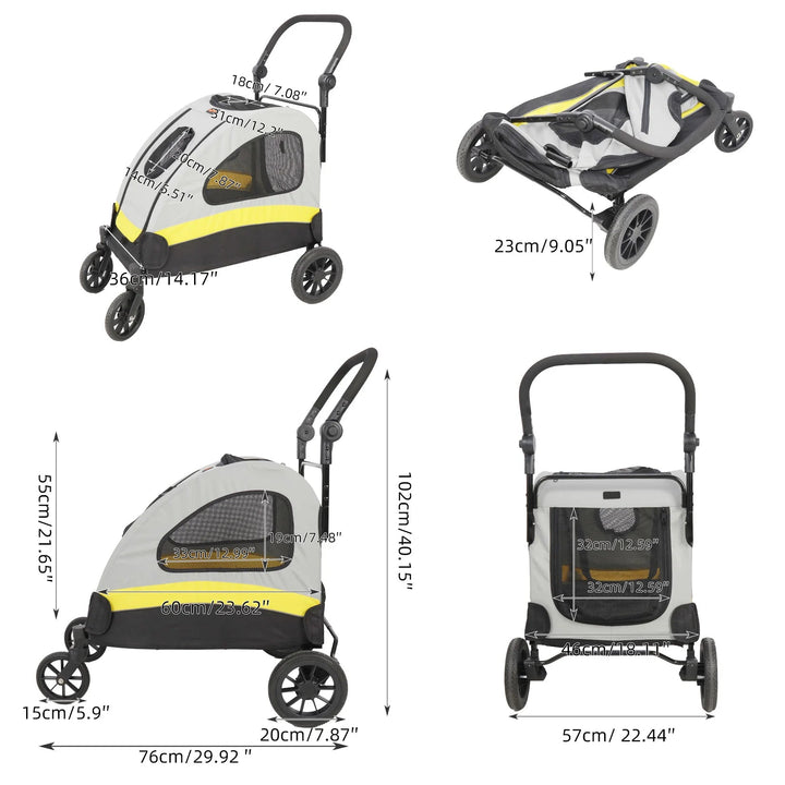 Spacious collapsible 4-wheeler dog stroller for large breeds, featuring breathable mesh and durable all-terrain wheels.