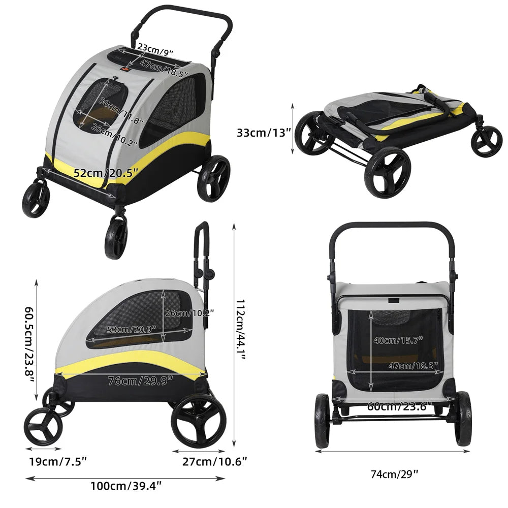 Spacious collapsible 4-wheeler dog stroller for large breeds, featuring breathable mesh and durable all-terrain wheels.