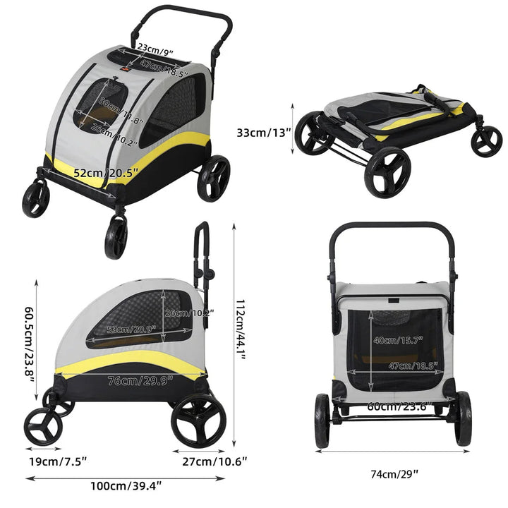 Spacious collapsible 4-wheeler dog stroller for large breeds, featuring breathable mesh and durable all-terrain wheels.