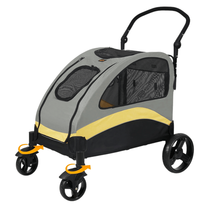 Spacious collapsible 4-wheeler dog stroller for large breeds, featuring breathable mesh and durable all-terrain wheels.