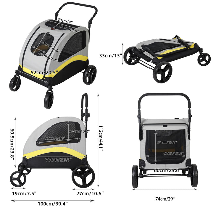 Spacious collapsible 4-wheeler dog stroller for large breeds, featuring breathable mesh and durable all-terrain wheels.