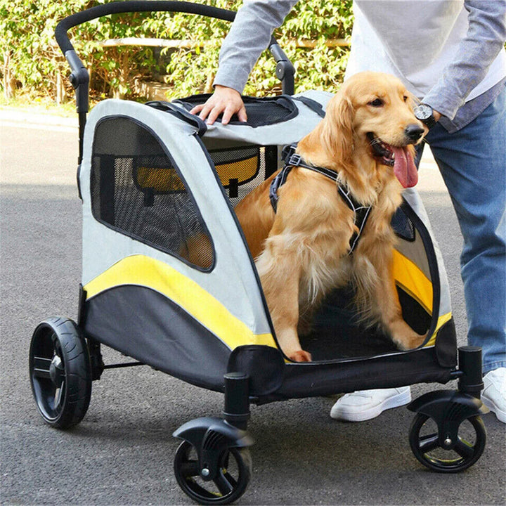 Spacious collapsible 4-wheeler dog stroller for large breeds, featuring breathable mesh and durable all-terrain wheels.