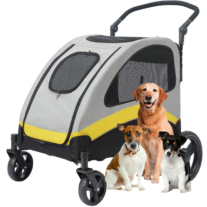 Spacious collapsible 4-wheeler dog stroller for large breeds, featuring breathable mesh and durable all-terrain wheels.